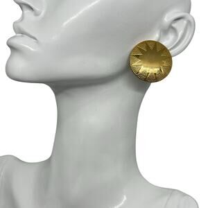 Vintage Gold Tone Sunburst Pattern Round Statement Stud Earring Celestial Design